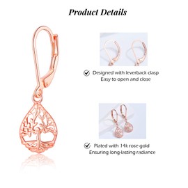 Rose Gold Tree of Life Drop Earrings for Women, Vintage Hollow Dangle Earrings, Hypoallergenic Teardrop Leverback Earring Jewellery Gifts for Mom Wife