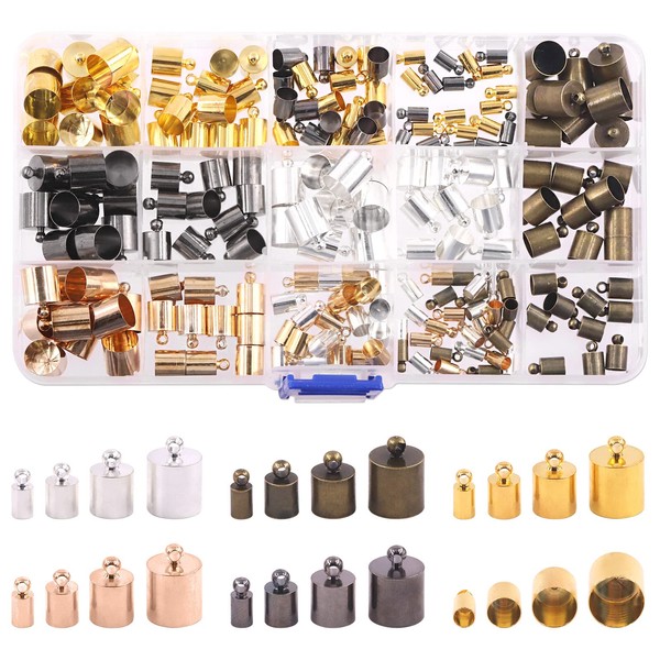 Rustark 200Pcs 5 Color Brass Cord Ends Caps Jewelry Findings Kit Assorted Sizes for Tassels Leather Art Crafting