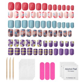 72Pcs Flower Press on Nails Short Square Fake Nails with Flower Designs Cute Fake Nails Acrylic Flower False Nails Full Cover Glue on Nails Spring False Nails Floral Artificial Nails for Women