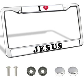 Stainless Steel Chrome Plated Silver Metal I Love Jesus Unique License Plate Holder Strong Durable License Plate Cover Label Holder 2 Holes
