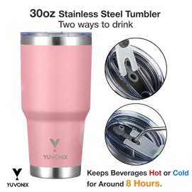 YUVONIX Stainless Steel Tumbler with Straw – Insulated Cup with Lid & Reusable Straw, Perfect for Hot & Cold Drinks. Durable and Stylish for Everyday Use. (Pink)