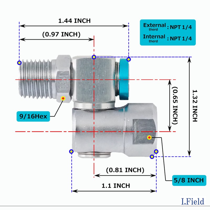I.Field Air Swivel Fitting 360 Degree Rotating Dual-Axis NPT 1/4″