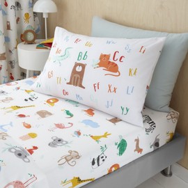 Happy Linen Company Girls Boys Kids Animal Alphabet ABC White Multicolour Standard Reversible Extra Pair Of Standard Pillow Cases