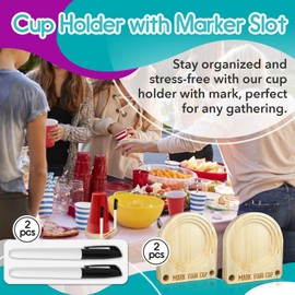 2Pcs Cup Holder with Marker Slot - Wooden Party Cup Holder with Marker Slot Suitable for Marking Cup Holders at Party, Kitchen Countertop, Picnic and Social Gathering