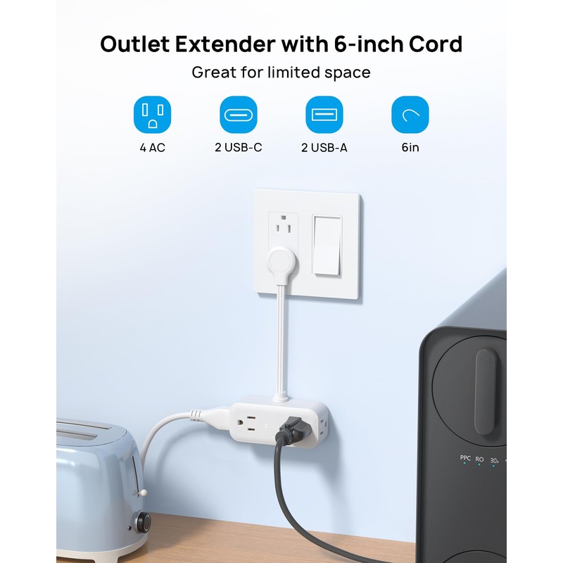 TROND Outlet Extender with 6 Inch Cord, Flat Plug Adapter
