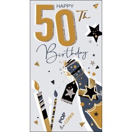Jonny Javelin Male 50th Birthday Card - Age 50 - Champagne Bottle and Stars Embossed with Foil and Flitter Details