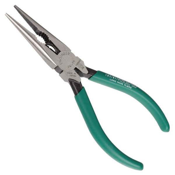 long nose pliers (160mm) with integral wire cutting jaws + wire stripping hole. Made in Japan. ENGINEER pr-36