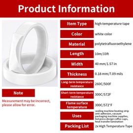 MOUMOUTEN 2 Rolls 40mm x 10m White High Temperature PTFE Tape，Insulating Cloth Heat Vinyl Thermal Sublimation Press Tape for Vacuum Sealer Machine