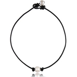 One Pearl Choker for Daughter on Leather Cord with White Single Pearl Necklace for Female Friends (15Inch Pearl Choker)