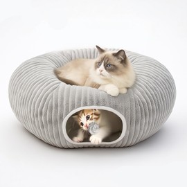 MOYMO Cat Tunnel Bed for Indoor Cats, Peekaboo Cat Cave Bed,Soft Cat Donut Tunnel for Kitten Large Cats, Grey