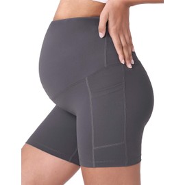 POSHDIVAH Pantalones Cortos de Yoga de Maternidad para Mujer sobre el Vientre, Pantalones Cortos de Verano para Correr, con Bolsillos, 5 Pulgadas / 8 Pulgadas, Negro + Gris 5", S