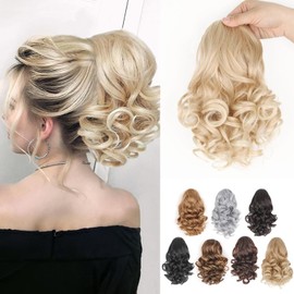 LEOSA Light Blonde Short Wavy Drawstring Ponytail for Black Women Highlights Honey Blonde Wavy Curly Ponytail Drawstring Synthetic Loose Wavy Ponytail Extensions for Women 10Inch T22/613#