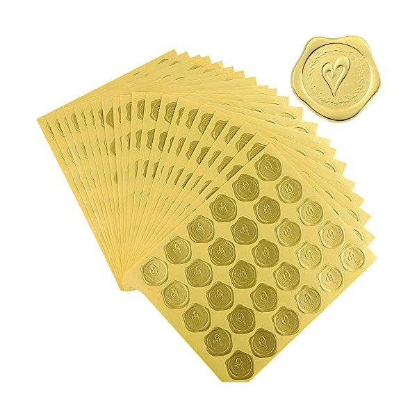 300Pcs Gold Embossed Wax Stickers Heart Self Adhesive Envelop Seals Stickers for Valentine’s Day Wedding Celebrations Gift Cards Commemorative Parties Engagement Invitations