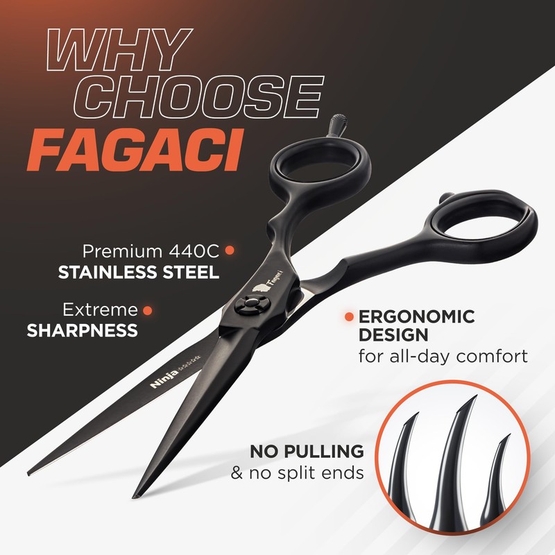 Fagaci Hair Scissors 5" Black 440C Steel Shears, Extra Sharp