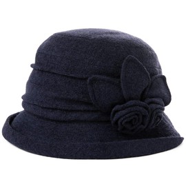 Fancet Womens Wool Felt Bucket Hat 1920s Vintage Cloche Hats for Ladies Church Derby Fashion Bowler Warm Soft Winter Hat Navy