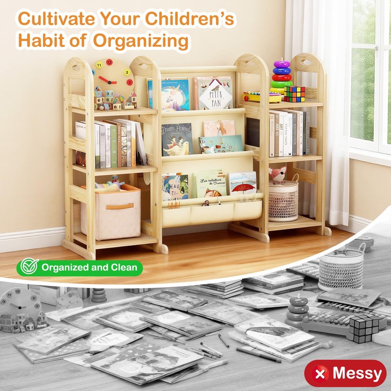 Kids Bookshelf and Toy Storage Organizer, Wood Book Shelf for