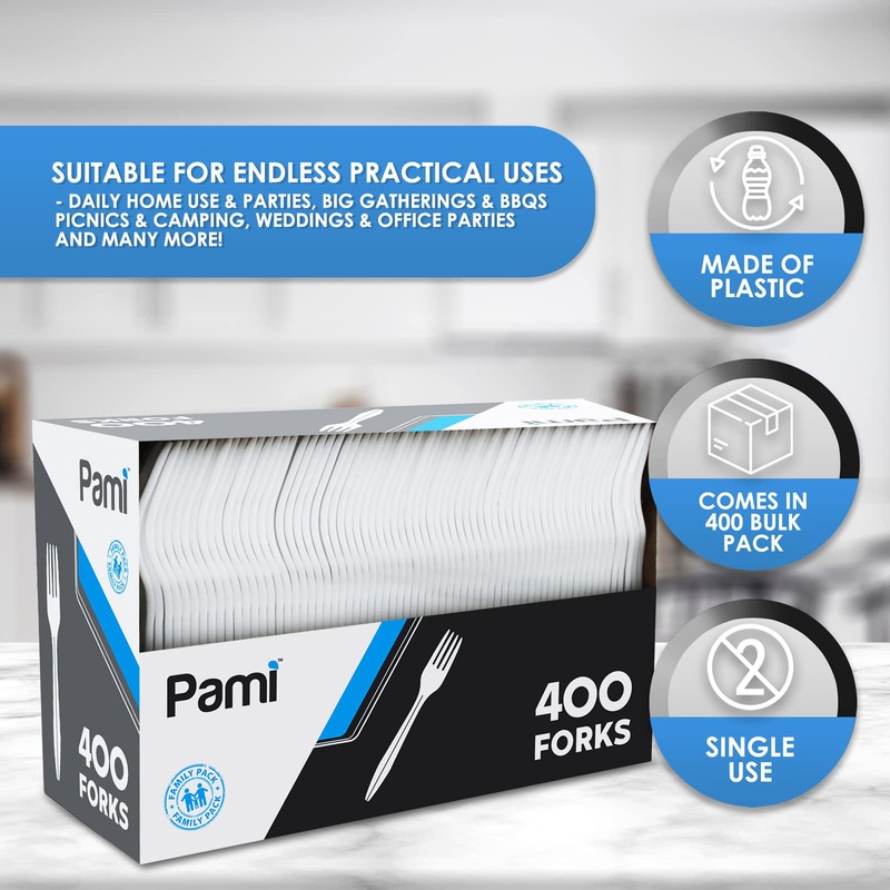PAMI Medium-Weight Disposable Plastic Forks [400-Pack] - Bulk White Plastic