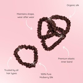 SILKIE Set of 4 100% Pure Mulberry Silk Black Thin Hair Bobbles with Travel Bag, Hair Ties for Every Day, Hair Care, Ponytail Holder, No Hair Damage (Praline)