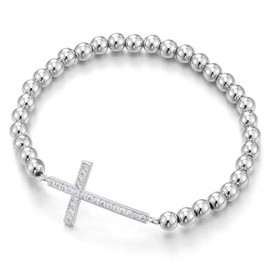 COOLSTEELANDBEYOND Womens Beads Link Chain Bracelet Cubic Zirconia Horizontal Sideway Cross, Exquisite(CA)