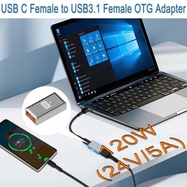 QIANRENON PD120W USB C Female to USB 3.1 Female OTG Adapter Extender 10Gbps Type C to USB 3.1 Quick Charge Data Plug Coupler, Zn Alloy/LED Light, 4K @ 60Hz Audio/Video, Silver, Pack of 2