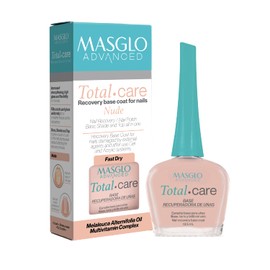 MASGLO ADVANCED BASE Total Care es una base recuperadora de uñas especialmente formulada para tratar las uñas dañadas por el uso excesivo de productos permanentes o agentes químicos. Secado rápido
