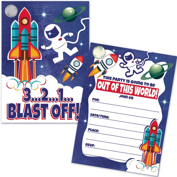 Astronaut Rocket Ship Kids Birthday Party Invitations (20 Count with Envelopes) - Outer Space Boy Birthday Invites - Space Shuttle Astronomy Party