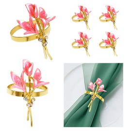 Davifina Pink Flower Lily Napkin Rings Set of 6 for Fall Parties Garden Wedding Family Dinner,Elegant Floral Napkin Ring Holders for Pastoral Theme Christmas Thankgiving Valentine's Day Banquet Decor