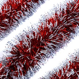 Alonsoo 25ft Christmas Tinsel Garland, Christmas Tree Ornaments Home Party Classic Shiny Sparkly Ceiling Hanging Decorations, 4 inch Wide Filaments Red Silver Edge.