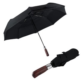 TARENPRO Windproof Folding Travel Umbrella Compact and Strong Luxurious Real Wood Handle Automatic Open Close Vented Double Canopy - Portable Folding Umbrella for Men Women