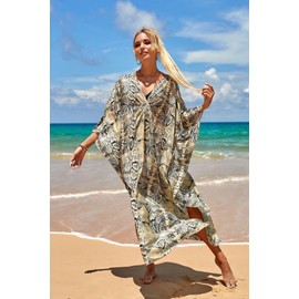 IMAGEKOPE Women's Plus Size Animal Print V-Neck Batwing Kaftan Beach Dress Bathing Suit Cover-Up Loungewear, 8772-picture3, One Size