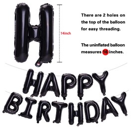 PIGETALE 16 Inch Black Happy Birthday Balloons Banner Mylar Foil Letters Birthday Sign Banner Bunting Reusable Balloons Kits for Women Men Girls Boys Kids Adults Birthday Decorations Party Supplies