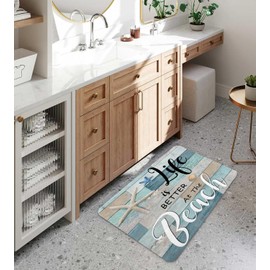 Hjokiupt Beach Bath Rugs for Bathroom, Rustic Vintage Wood Ocean Quote Words Summer Non Slip Flannel Bathroom Rug, Nautical Coastal Starfish Dry Fast Water Absorbent Bath Mats, 17X29 Inch