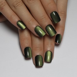 Short Square Press-on Nails Moss Green to black Gradient Cat Eye Press on Nails with Glue for Women Ashionable Gel False Nails Reusable Acrylic False Nails Women's Glitter Nails Glue On Nails Kit