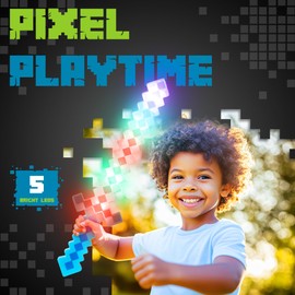 Fun Central 2 Pack LED 24" Light Up Blue Pixel 8-Bit Toy Sword for Kids