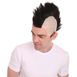 HPO 80s Punk Rocker Mohawk Wig Black Spiked Hair Cosplay Bald Cap Costume