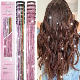 Ainani Hair Tinsel Clip in 12 Pcs Glitter Tinsel Hair Extensions 20 Inch Fairy Hair Clip in Hair Tinsel Heat Resistant Sparkly Hair Accessories for Girls Women Kids (Pink 6Pcs &Colorful 6Pcs)