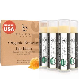 Lip Balm Organic (Original Unflavored) 4 Tube Pack  Pure and Natural Beeswax Lip Butter with Aloe Vera, Vitamin E for a Clear Gloss Moisturize,...    