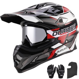 OUMURS DOT Adult ATV Dirt Bike Helmet with Goggles Gloves & Mask Adjustable Sun Visor Motorcycle Adults Helmet Off-Road Motocross Downhill Moped MX for Unisex-Adult-Victory Red, XL