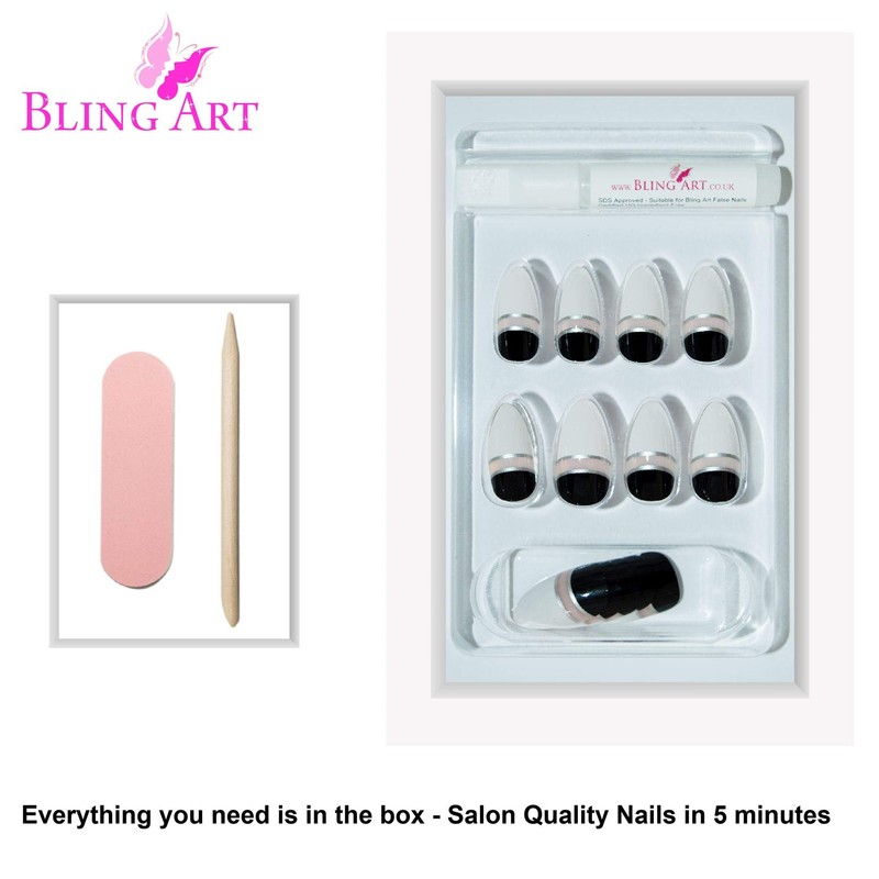 False Nails by Bling Art Black White Glossy Almond Stiletto