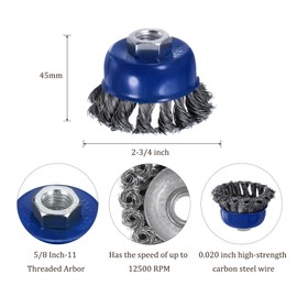 Kozelo 2 Pcs Twisted Knotted Wire Cup Brush for Grinder - [2-3/4 Inch] Carbon Steel for Paint Stripping Cleaning Rust Abrasive, M14x2.0 Threaded Arbor, Blue