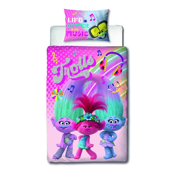Trolls World Tour Single Duvet Cover | Rainbow Designed Duvet | Officially Licensed Pink & Purple Polycotton Reversible Two Sided Design