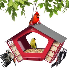 Kingsyard Metal Bird Feeders for Outdoor Hanging, 2 in 1 Mixed Seeds Feeder with Double Suet Cages,Weatherproof Metal Roof & Perch, Great for Finch Cardinal Chickadee, Easy to Clean & Refill, Red