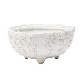 Napco Embossed Leaf Vine Floral 7 x 7 x 3.5 inches White Ceramic Flower Succulent Plant Pot Planter Container Holder, Indoor Outdoor Garden Décor, 22496