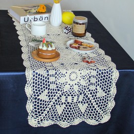 kilofly, Table Runner Handmade Crochet Lace Rectangular Various Sizes Cotton Beige 15 x 51 Inch