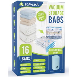 Vacuum Storage Bags for Travel, Combo 16 Pack Travel Vacuum Sealed Bags with 1500mAh Portable Rechargeable Electric Pump for Clothes, Pillows, Comforters, Travel Luggage, Backpack, Travel Essentials