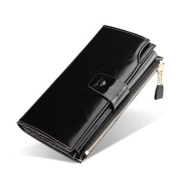 FORRICA Women's Long Wallet, Genuine Leather, Zipper, Coin Purse, Large Capacity, Phone, Bill Holder, Popular, Clutch Bag, Gift Box Included, Black