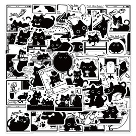 Black Cat's Life Diary Stickers, 50PCS Cute Pet Cat Sticker Set for Water Bottle, Laptop, Scrapbooking, Luggage, Waterproof Vinyl Cartoon Comic Decals for Boys Girls