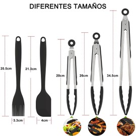Juego De 5 Pinzas Para Cocina Silicona De Acero Inoxidable y Cepillo para Parrilla, Tenazas con Puntas de Antiadherentes, Alta Resistencia al Calor para Cocinar, Servir, Ensalada