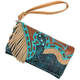 Zelris Women Crossbody Wallet Turquoise Concho Suede Fringe Two Tone Cowgirl Trifold Open (Turquoise Brown)