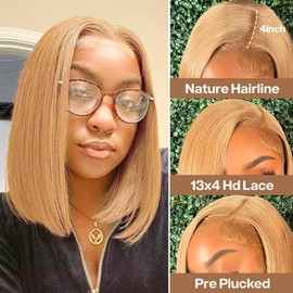 HUIWANYAN Straight Honey Blonde Bob Wig Human Hair 14 Inch 13x4 Hd Lace Front Wigs For Black Women Glueless Wigs Human Hair Pre Plucked Bob Lace Front Wigs Human Hair Natural Hairline 180 Density